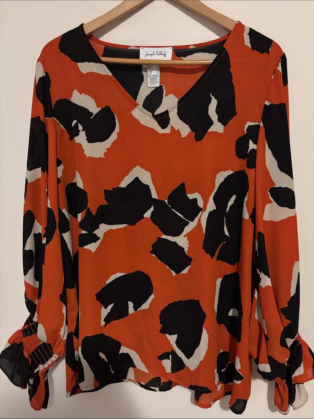 Joseph Ribkoff Orange, Black & Cream Abstract V-Neck Blouse
